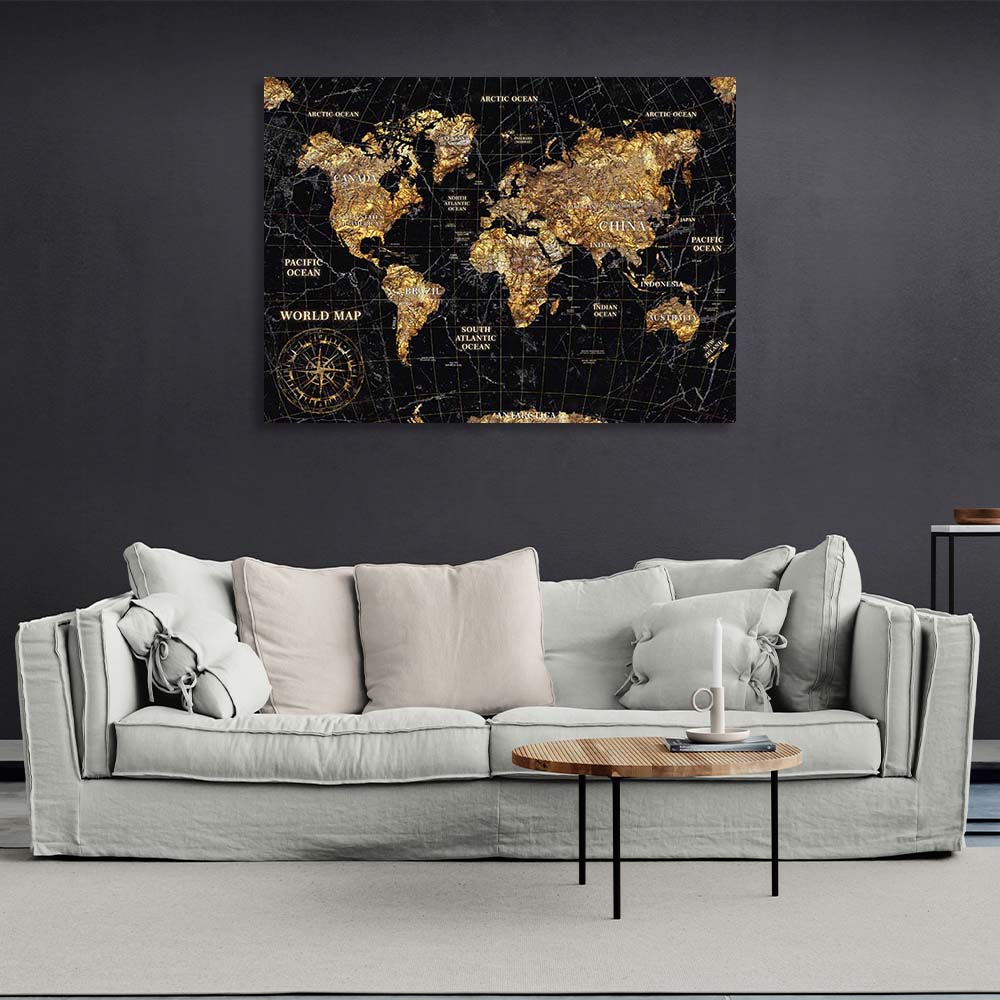 Canvas Wall Art Print Map of the New World black with gold