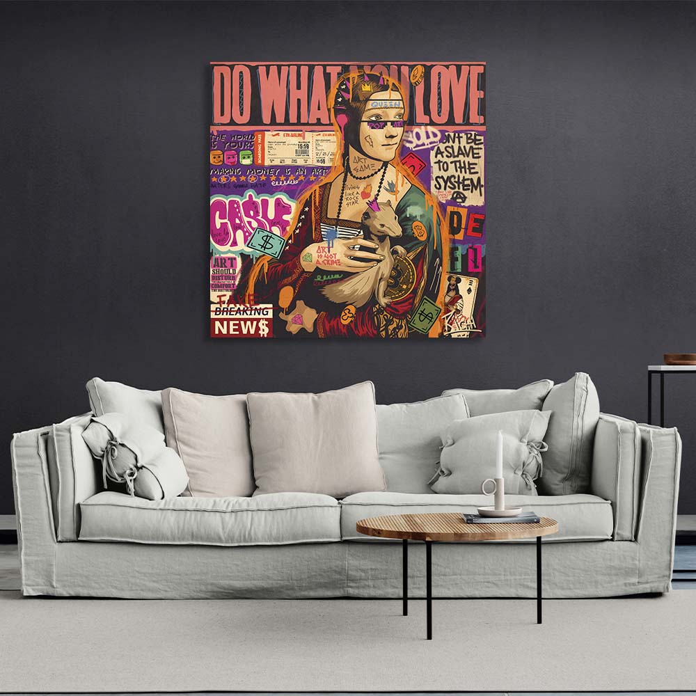 Pop-Art-Druck „Dame mit Hermelin und Bitcoin“ auf Leinwand