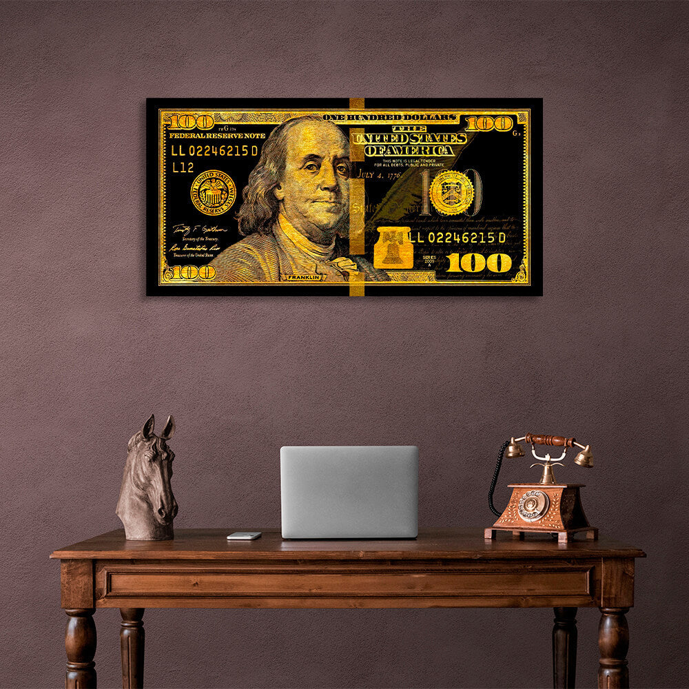 100 Dollar Schein Schwarz und Gold Motivierender Leinwand-Kunstdruck