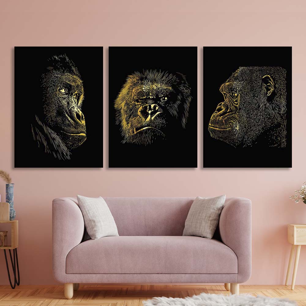 Multi Panel Canvas Wall Art Print Gorilla Head on a black background