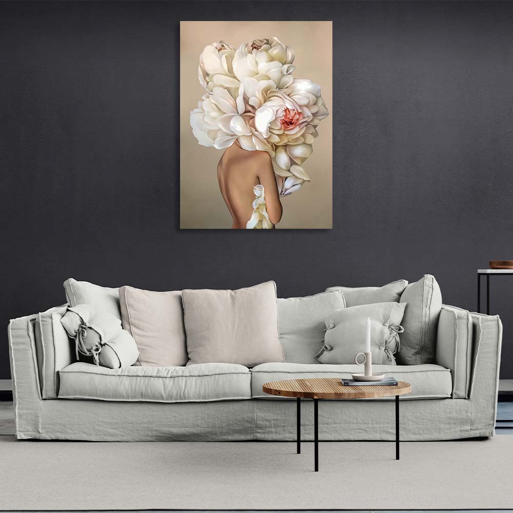 Girl with flowers on her head on brown background Canvas Wall Art Print