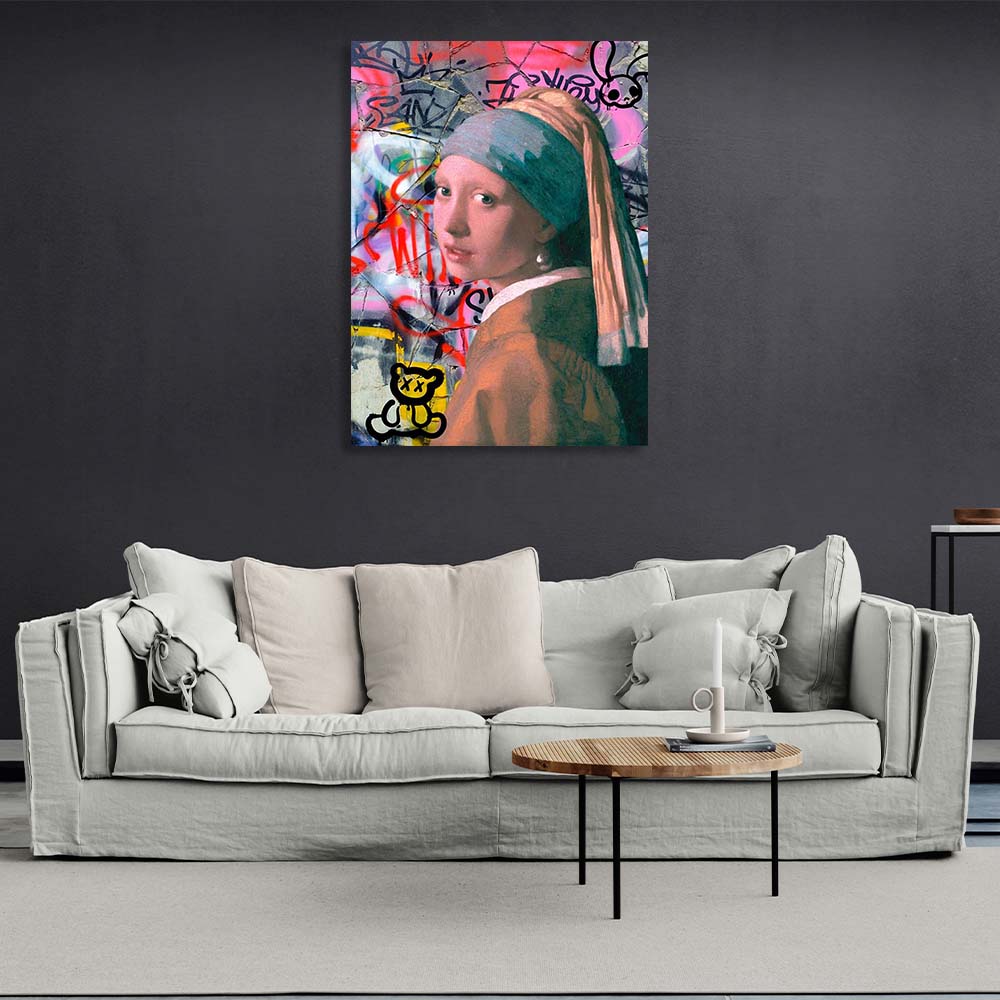 Canvas Wall Art Print Girl with a pearl earring on the background of cracked wall in garffiti