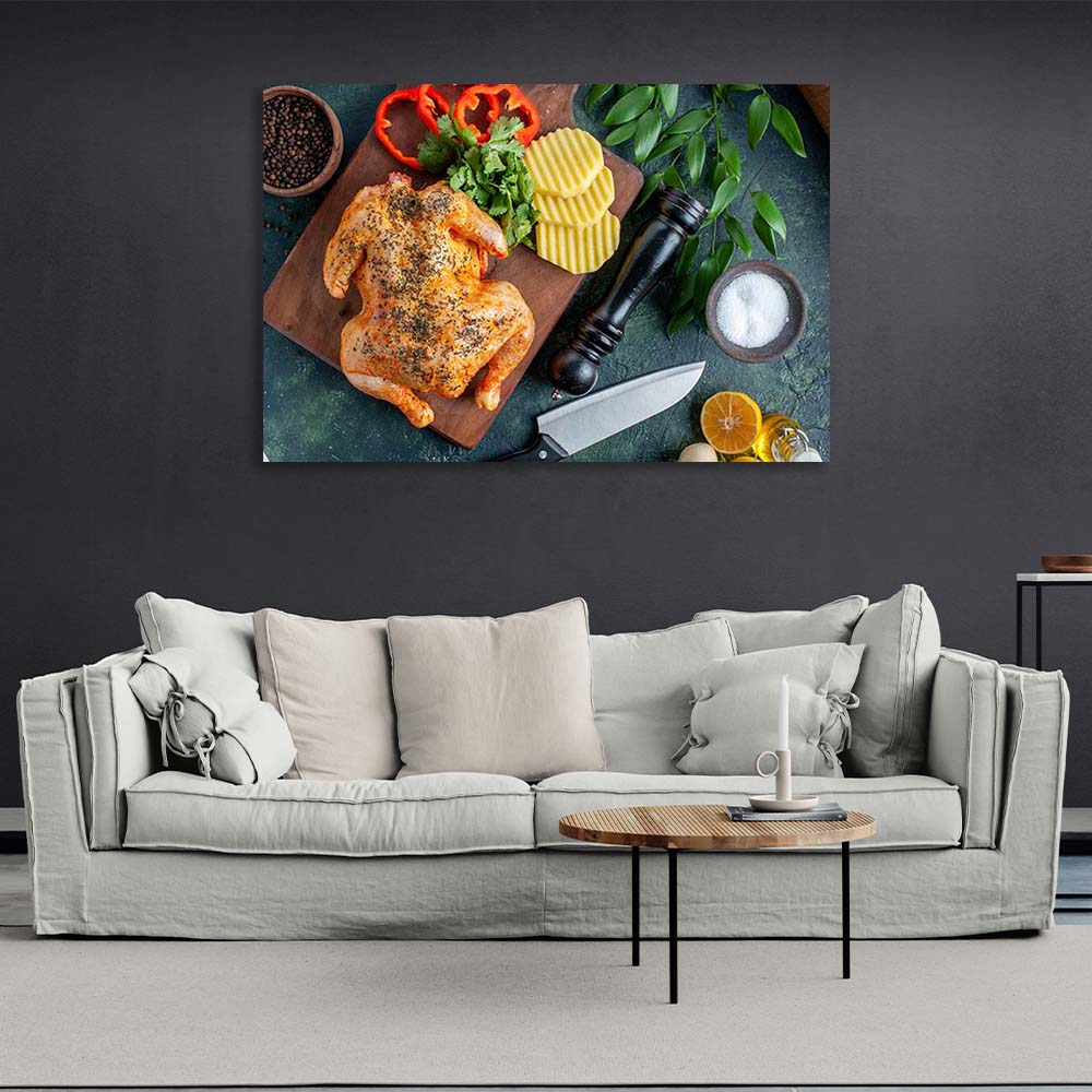 Canvas Wall Art Print For Kitchen Grilled chicken with vegetables on a board horizontal