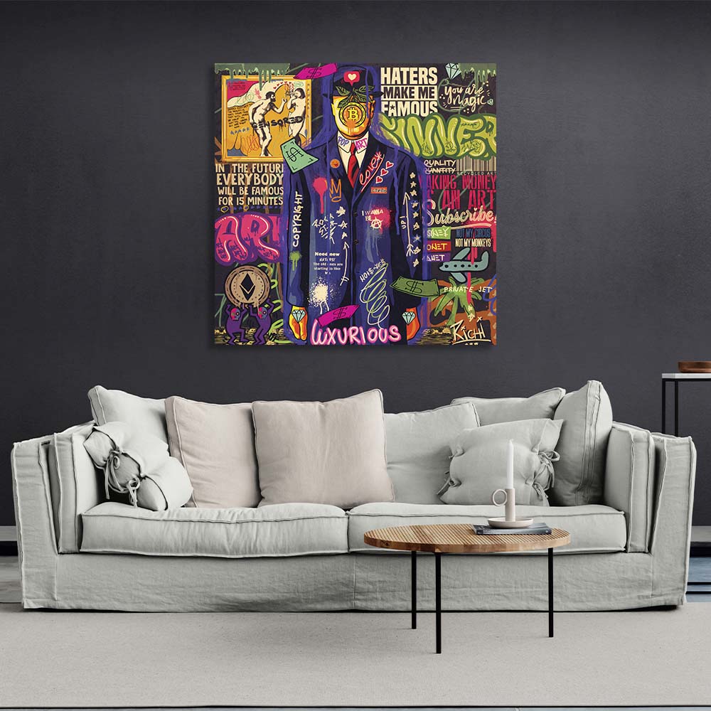 Pop-Art-Kunstdruck „Son of Man“ mit Bitcoin auf Leinwand