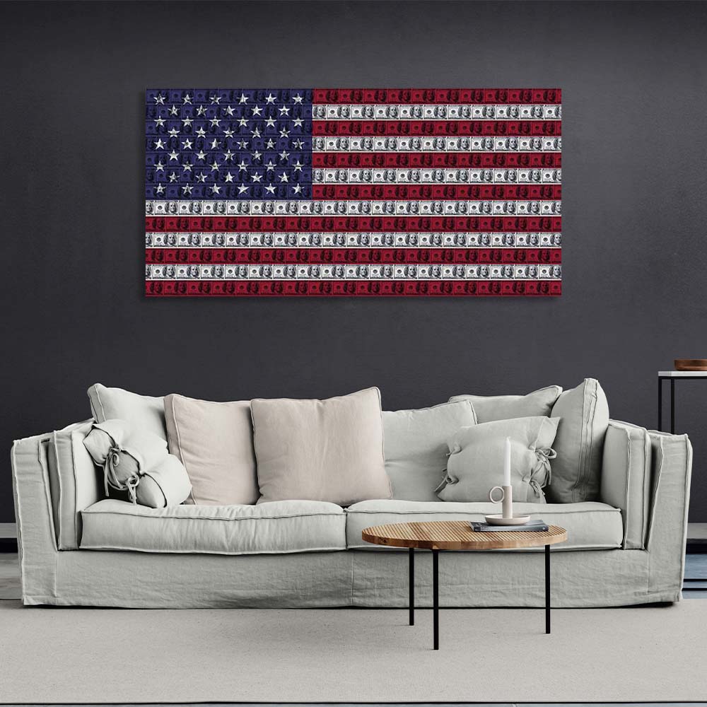 Inspirierender Kunstdruck auf Leinwand, amerikanische Dollarflagge