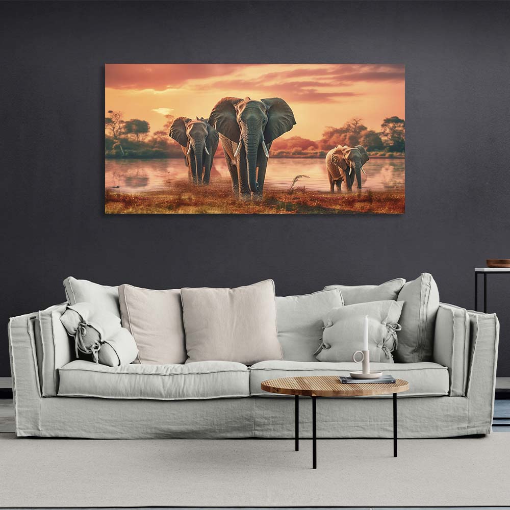 3 elephants by the lake Canvas Wall Art Print