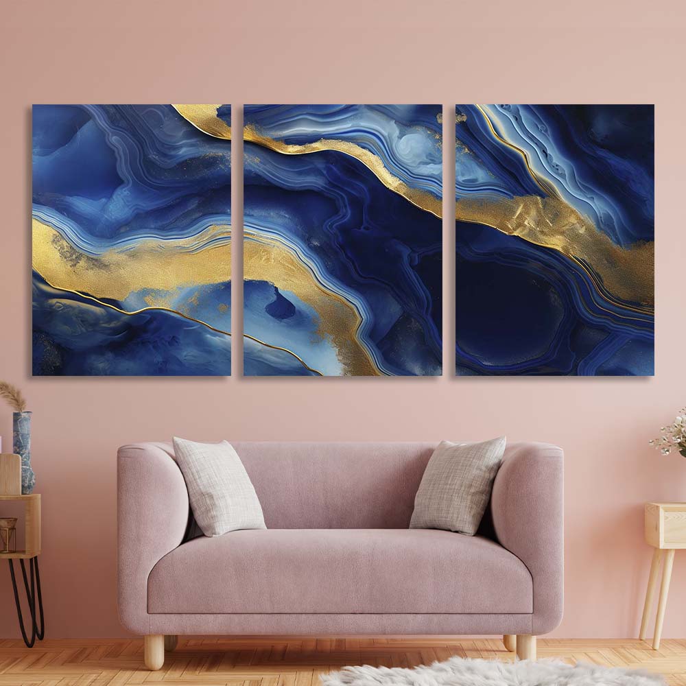 Multi Panel Canvas Wall Art Print  Deep blue marble with gold