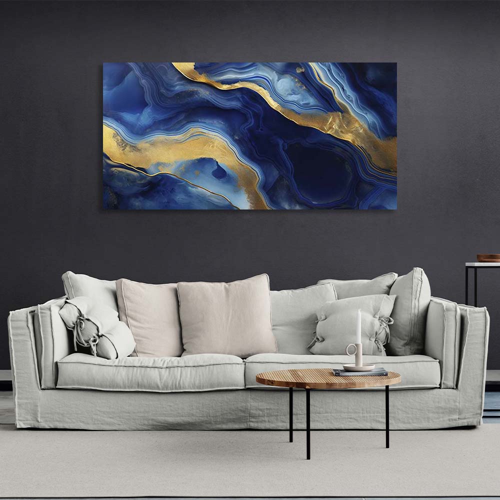 Abstrakter Leinwand-Kunstdruck, tiefblauer Marmor mit Gold