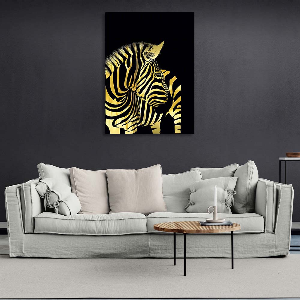 Leinwandbild Goldenes Zebra 2 auf schwarzem Hintergrund