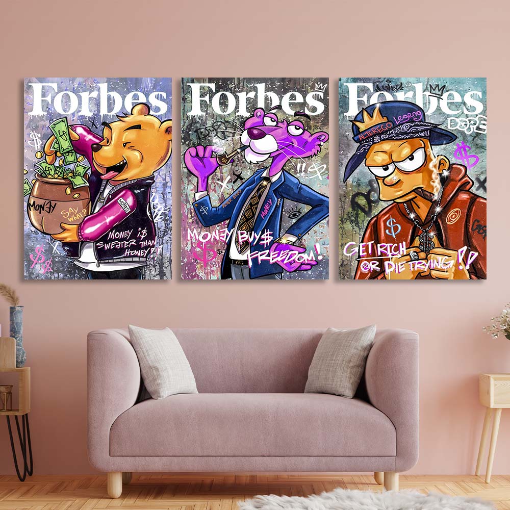 Mehrteiliger Kunstdruck auf Leinwand, Zeichentrickfiguren auf dem Cover des Forbes