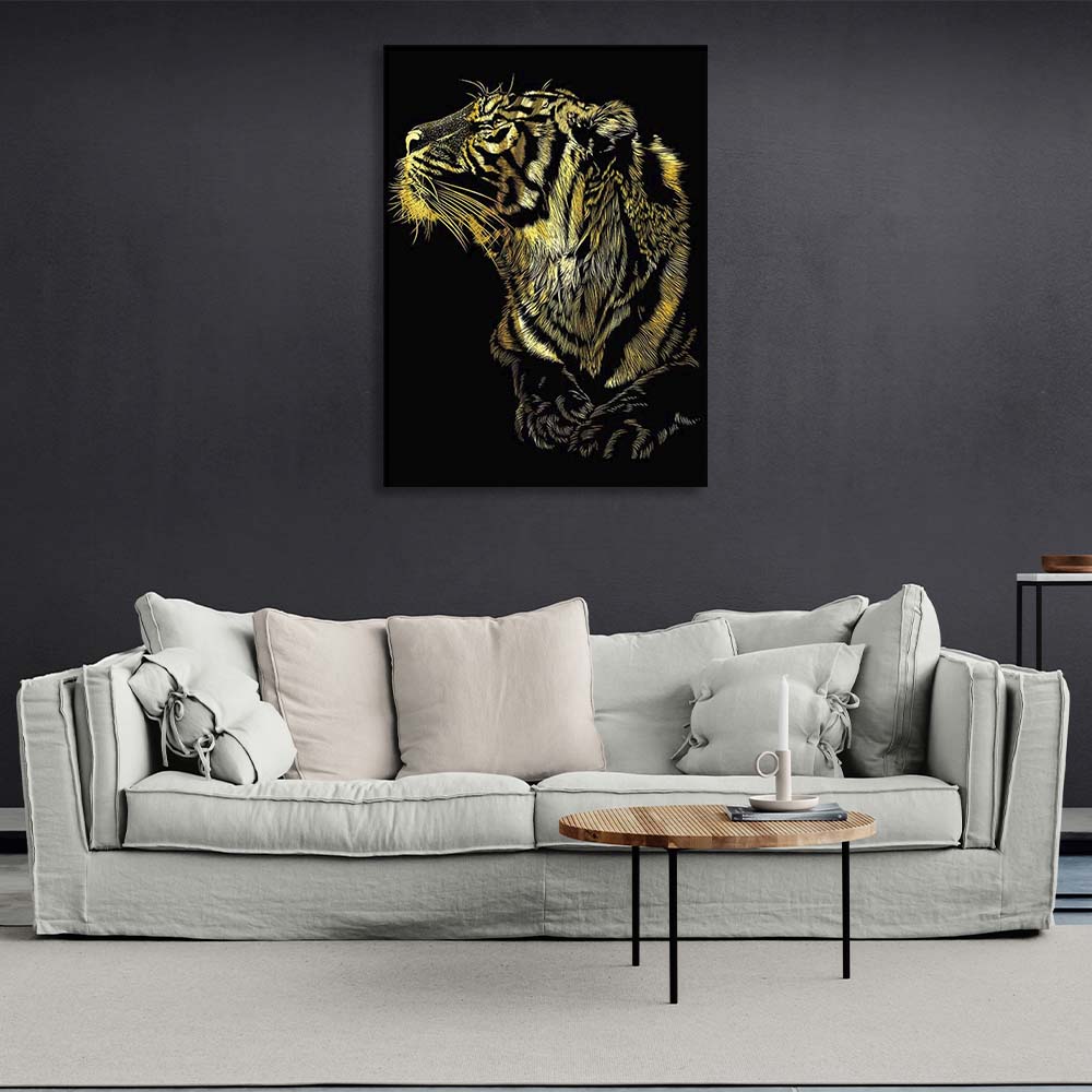 Canvas Wall Art Golden tiger head on black background