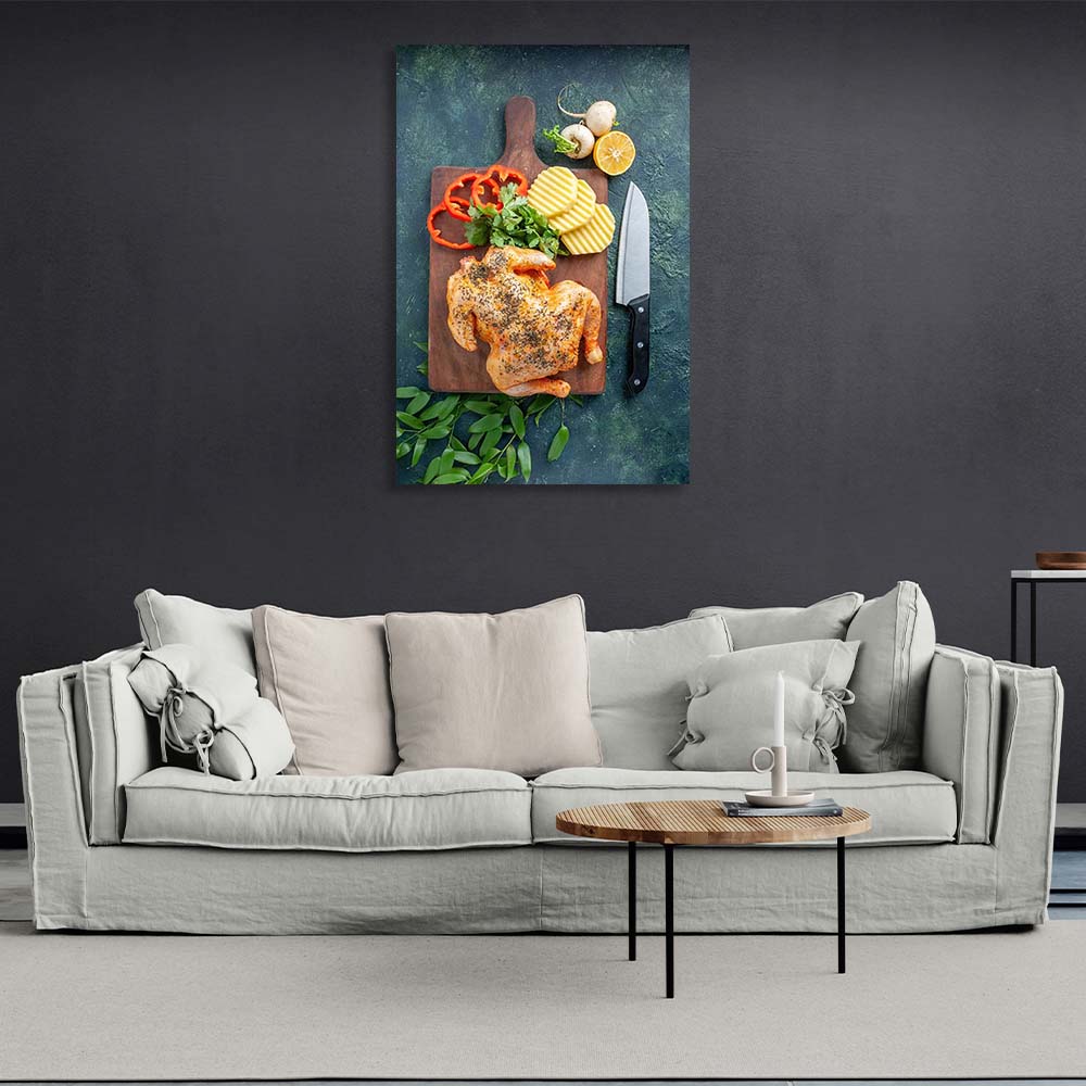 Canvas Wall Art Print For Kitchen Grilled chicken with vegetables on a board