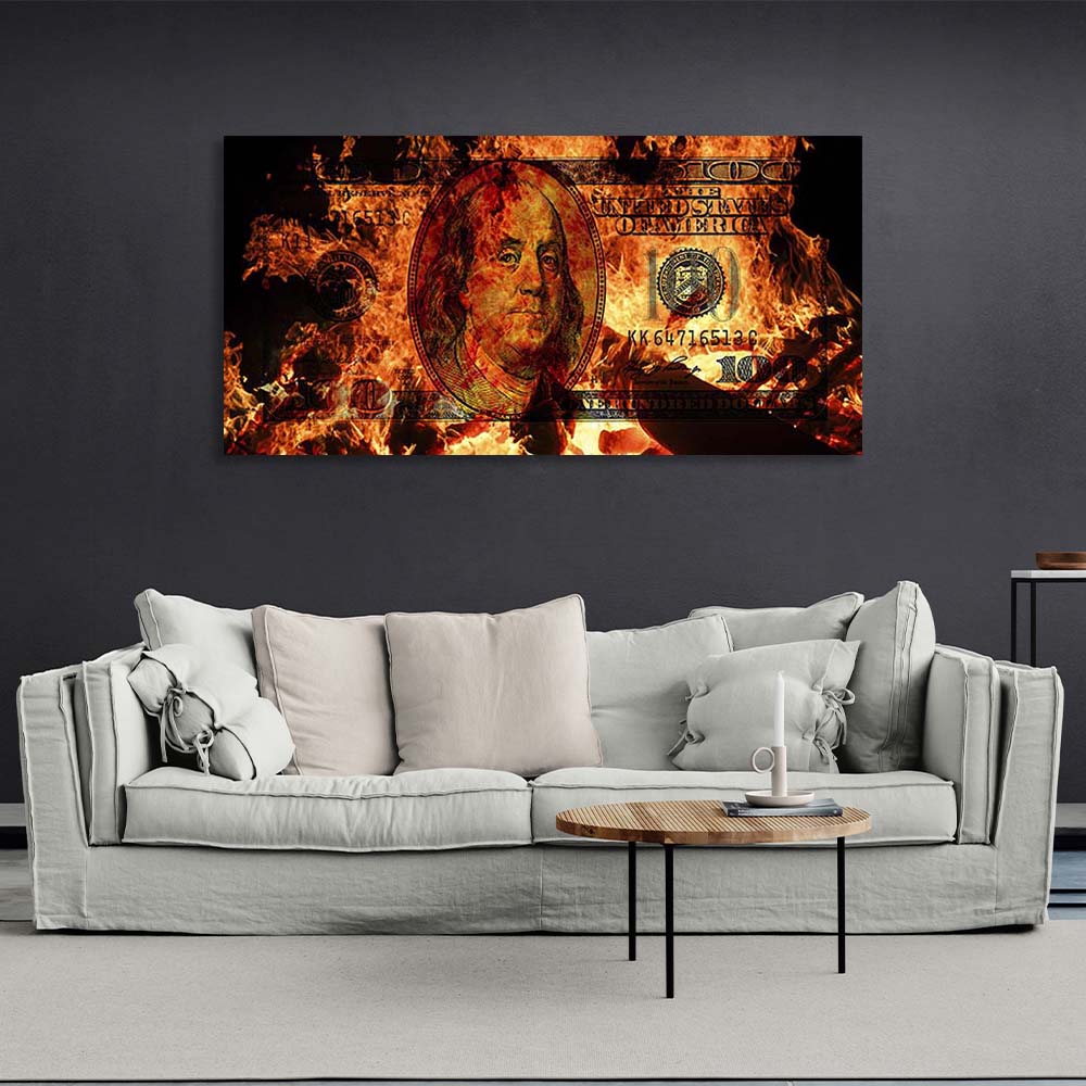 Inspirierender Kunstdruck auf Leinwand, 100 Dollar in Flammen