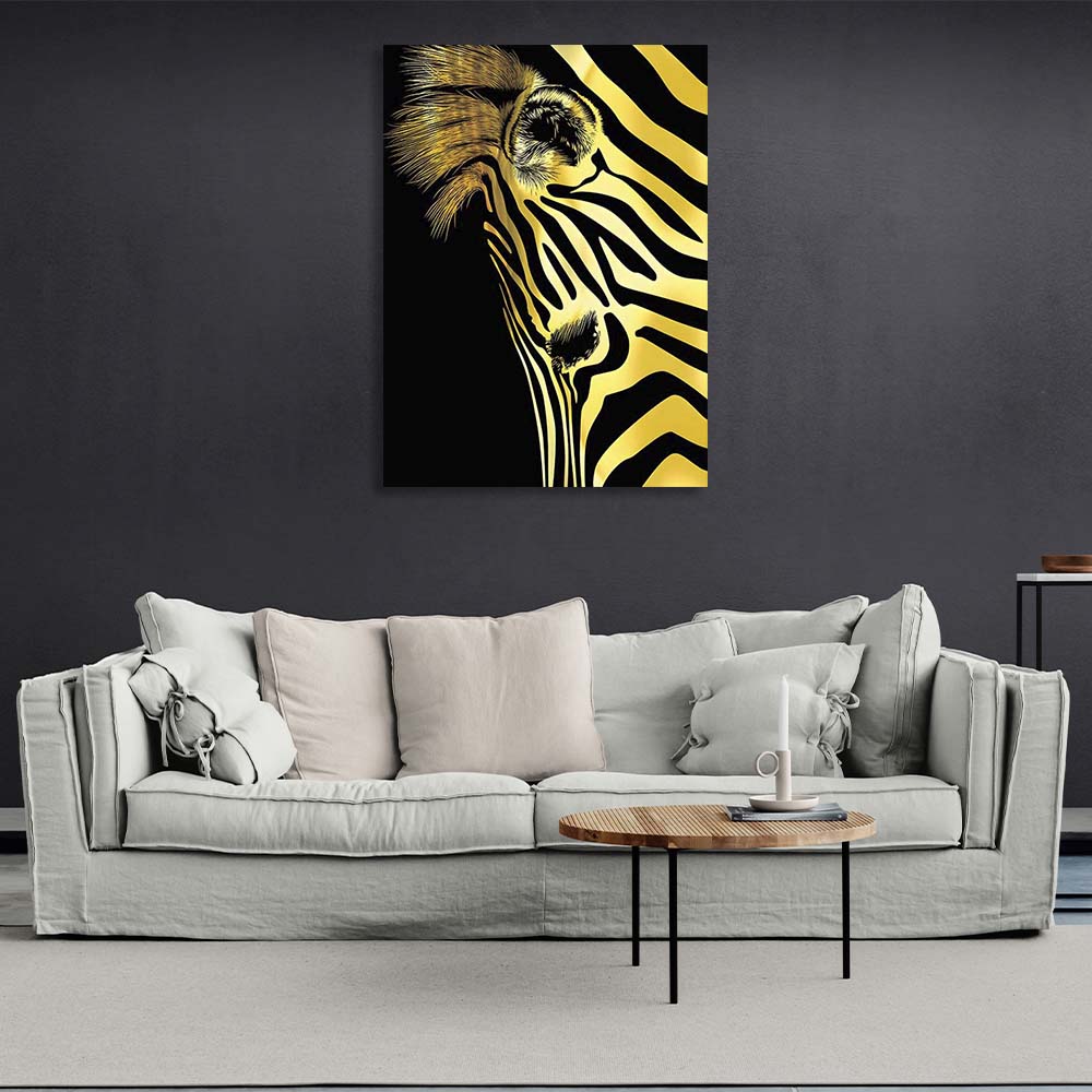 Canvas Wall Art Print Gold zebra head on black background