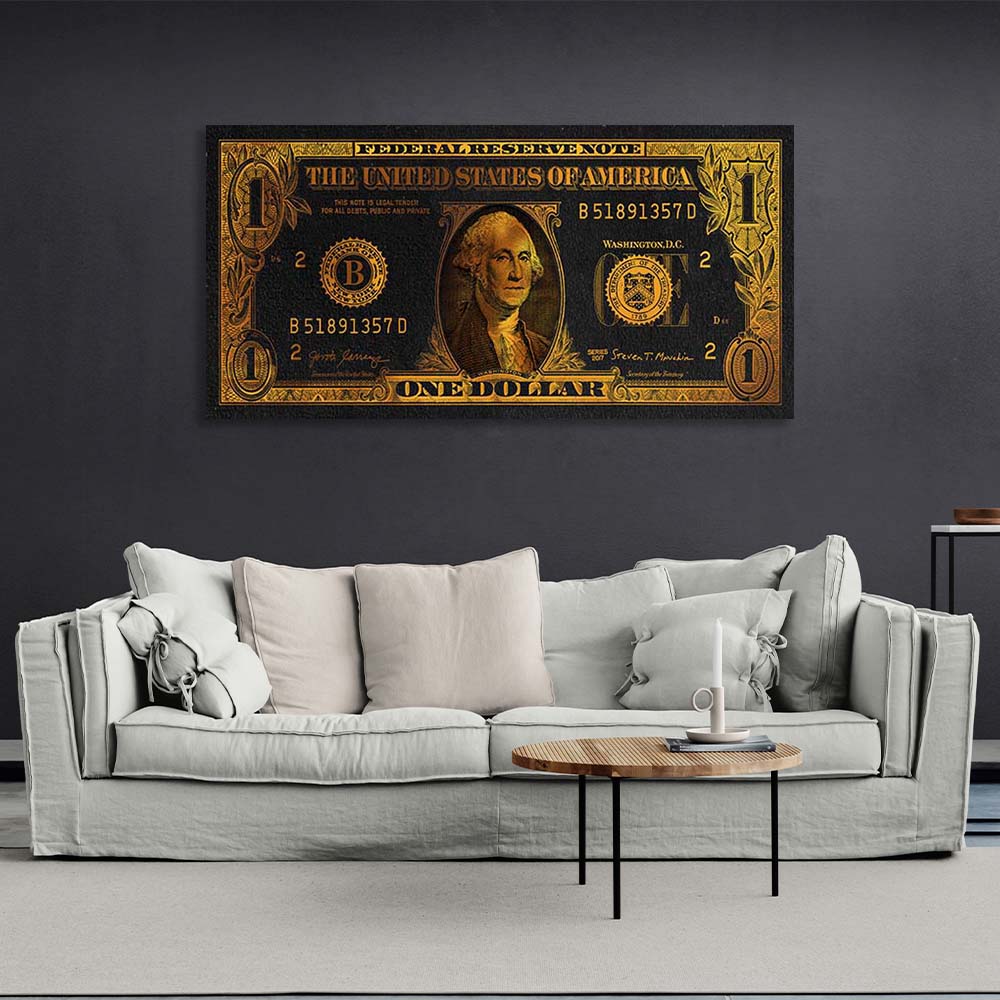 Inspirierender Kunstdruck auf Leinwand, Ein Dollar in Goldfarbe