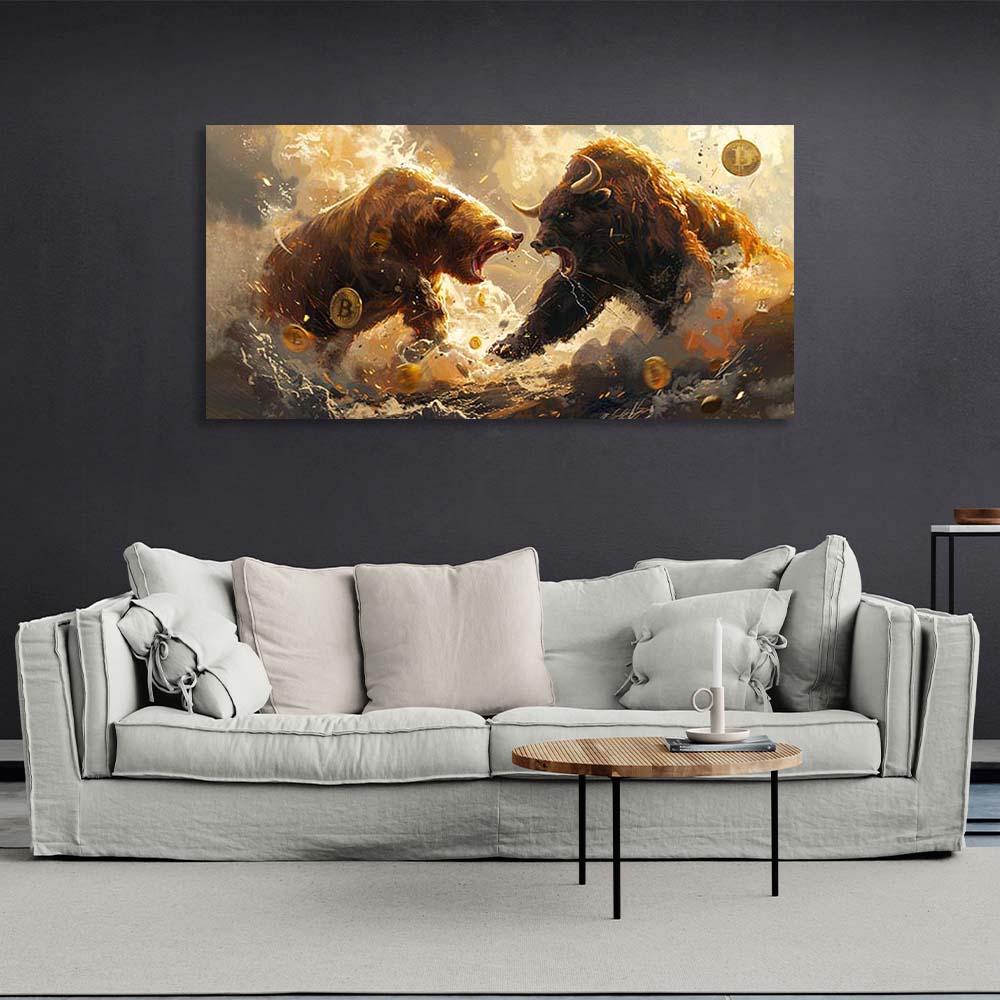 Inspirierender Kunstdruck auf Leinwand, Motiv: Bulle vs. Bär