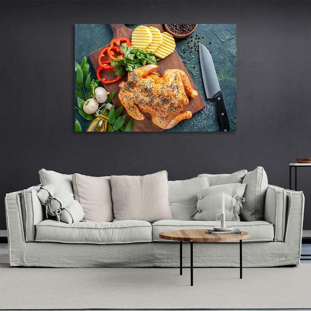 Kunstdruck auf Leinwand für die Küche, gegrilltes Hähnchen mit Gemüse auf einem Brett, horizontal 2