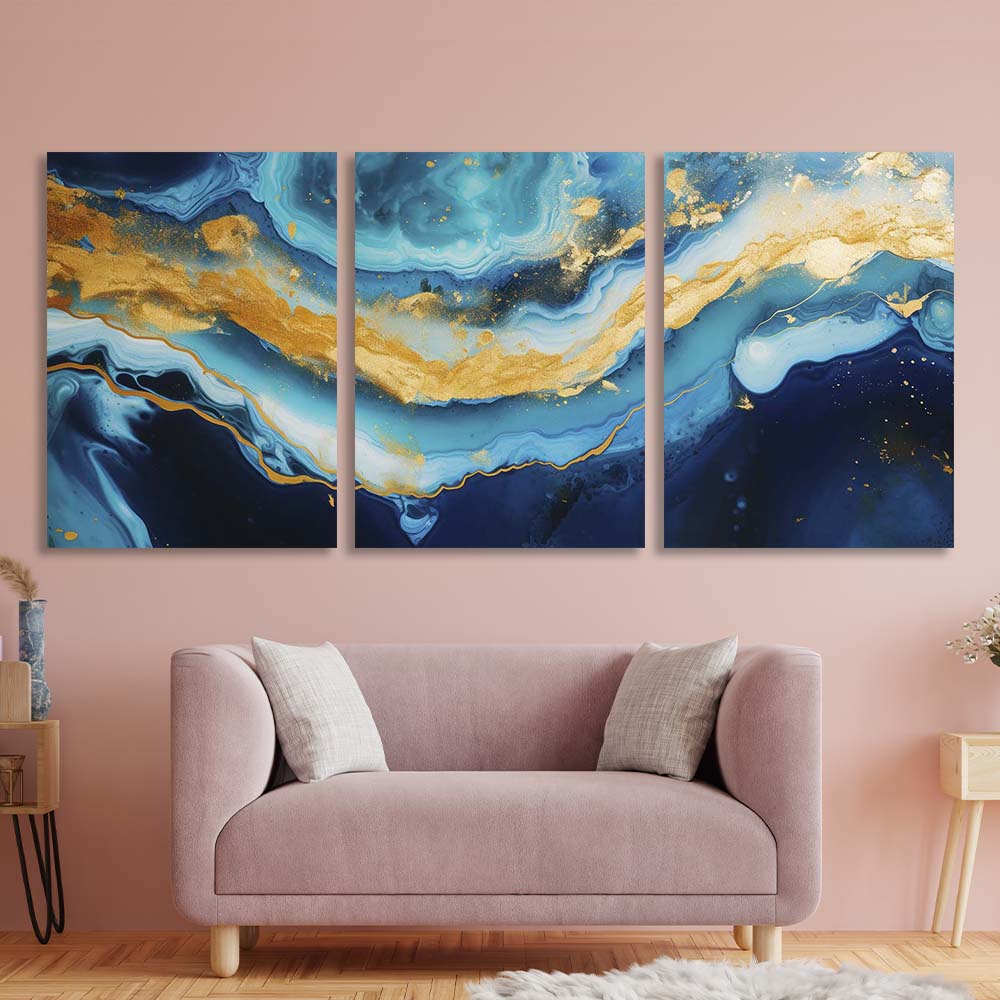 Multi Panel Canvas Wall Art Print Blue marble with gold