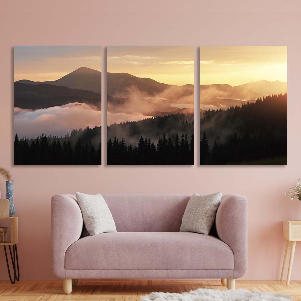 Kunstdruck auf Leinwand, mehrteilig, Nebel in den Sonnenuntergangsbergen