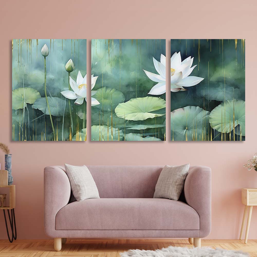 Mehrteiliger Kunstdruck auf Leinwand „Lilien im Teich“