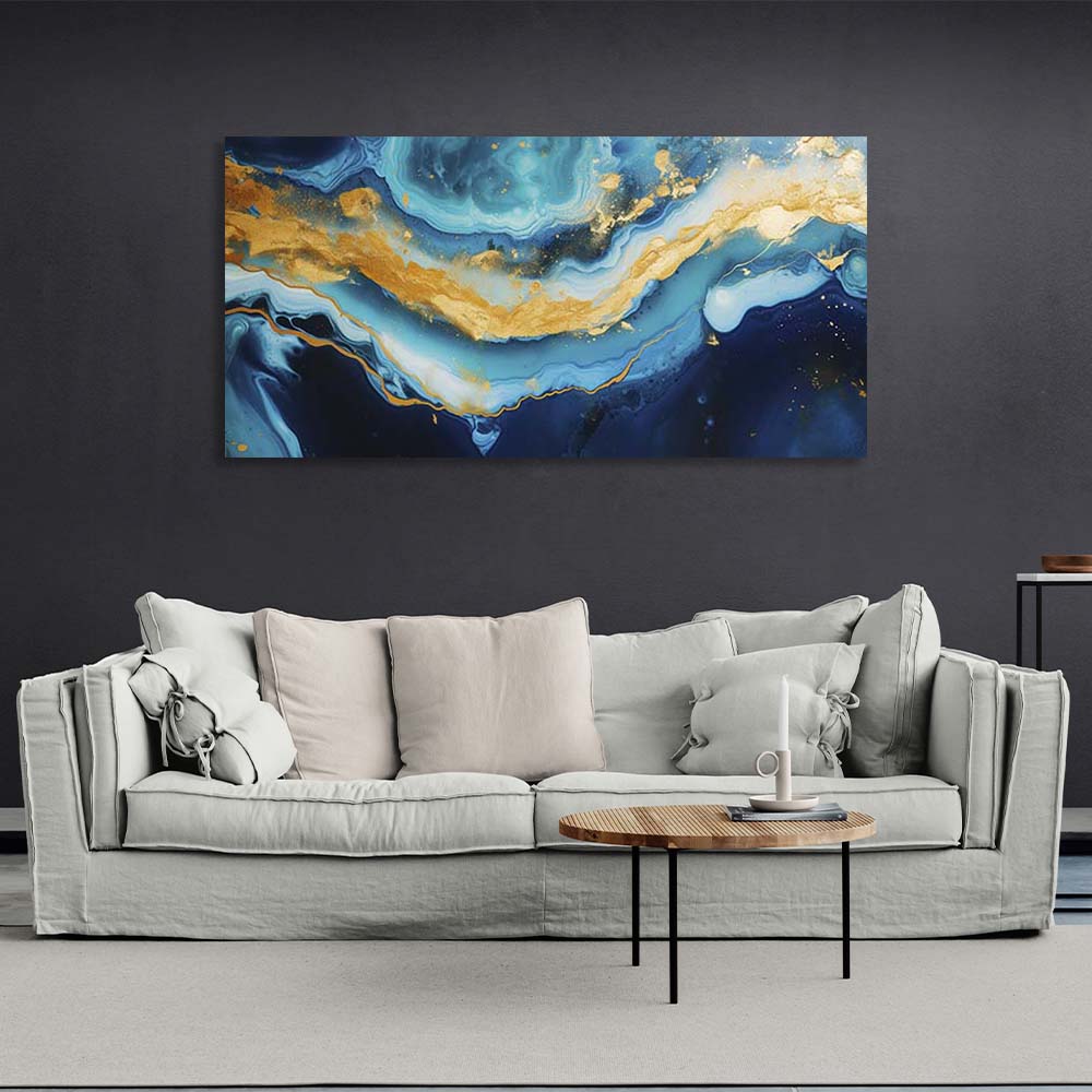 Abstrakter Leinwand-Kunstdruck, blauer Marmor mit Gold