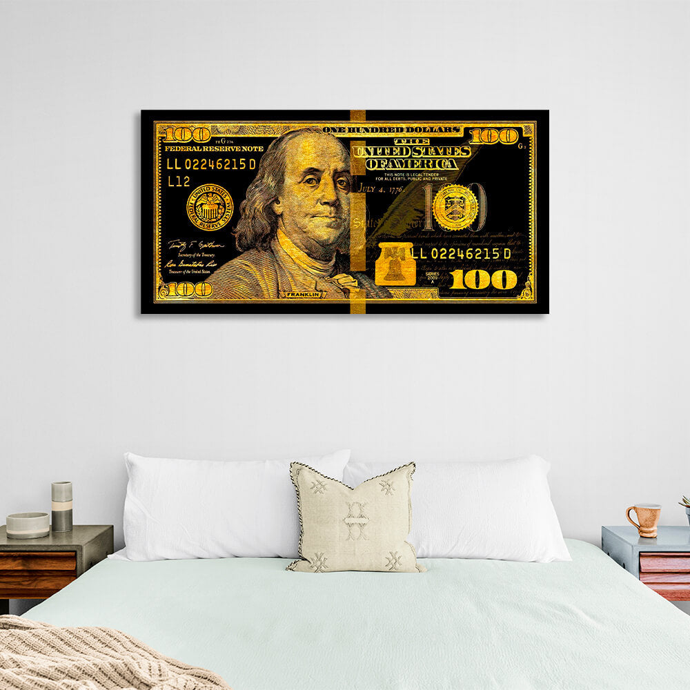 100 Dollar Bill Black And Gold Motivational Canvas Wall Art Print