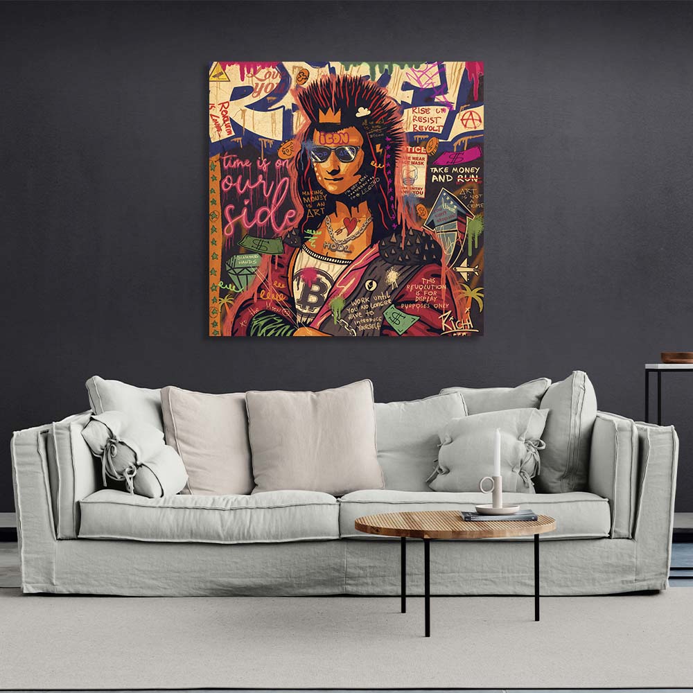 Pop-Art-Gioconda mit Irokesenschnitt und Bitcoin auf Leinwand, Kunstdruck