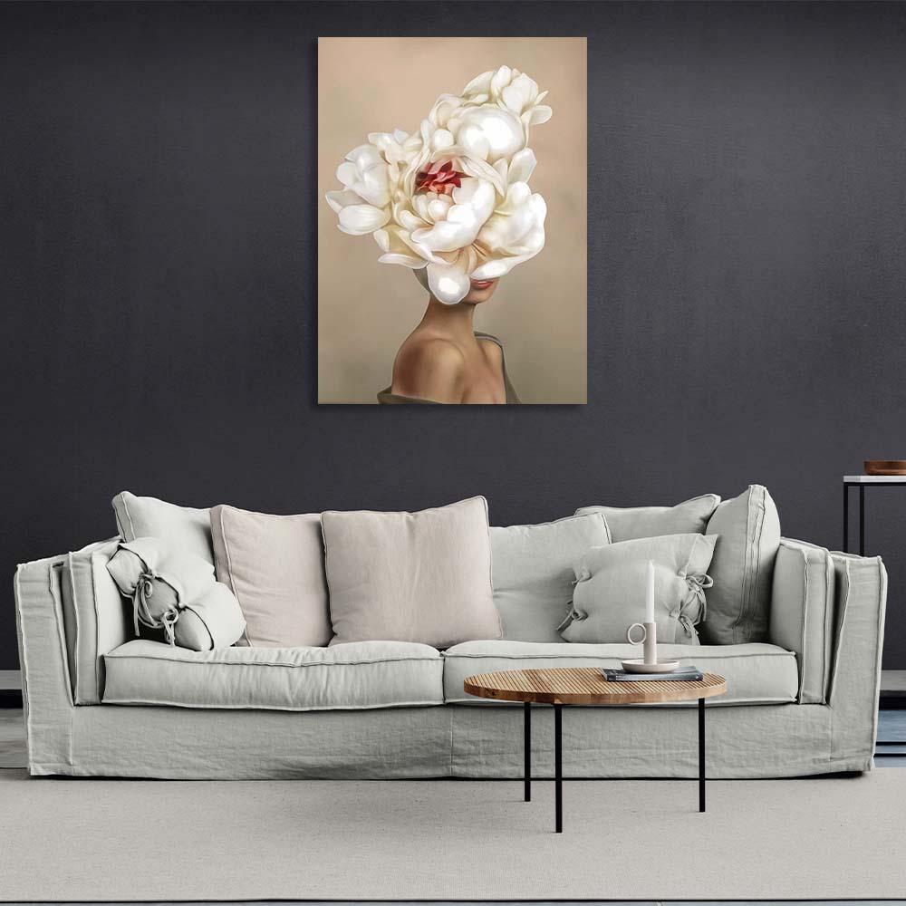 Girl with flowers on her head on beige background Canvas Wall Art Print