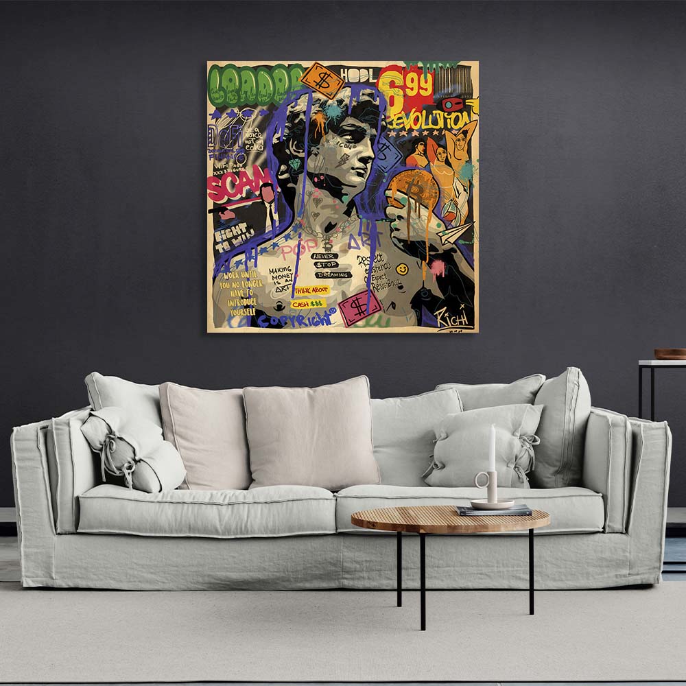 Pop-Art-Statue von David mit Bitcoin auf Leinwand, Wand-Kunstdruck