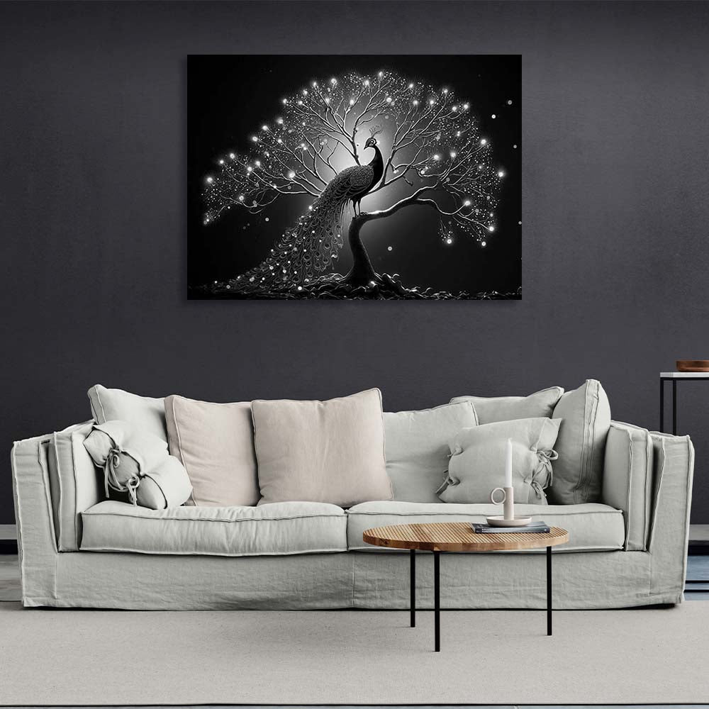 Peacock black and white Canvas Wall Art Print