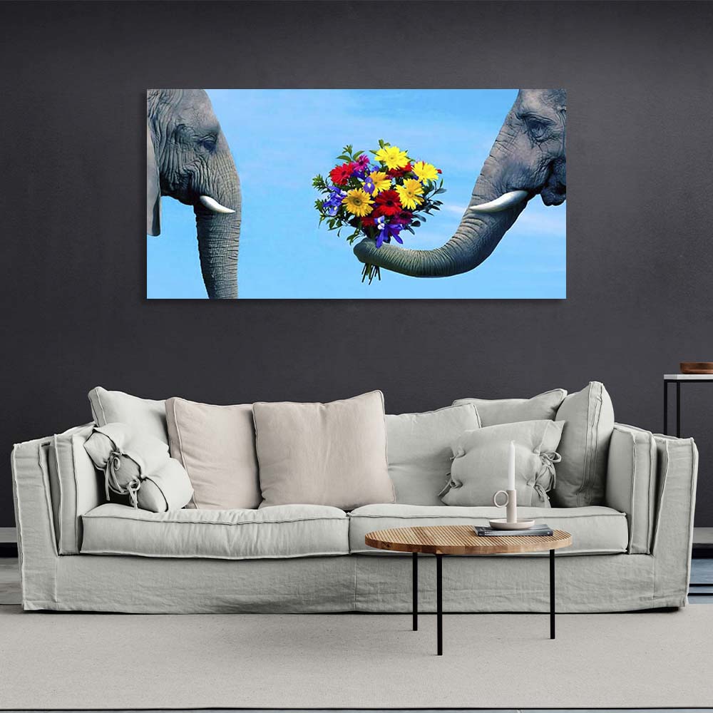 Canvas Wall Art Print Couple of elephants with a bouquet of flowers