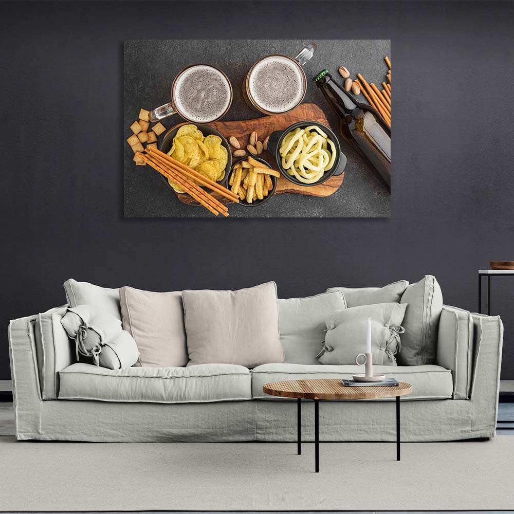 Canvas Wall Art Print For Kitchen Two mugs of beer and snacks