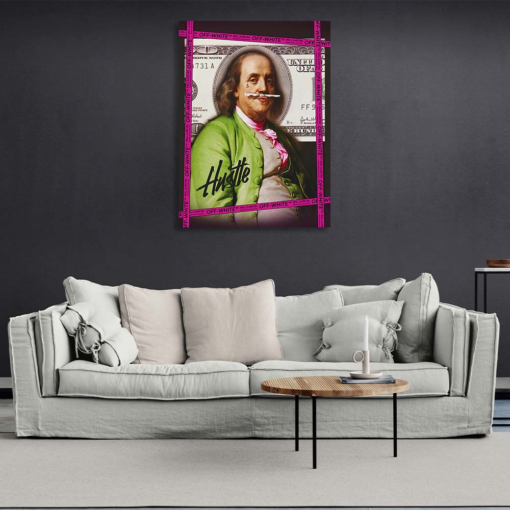 Franklin against the backdrop of $100 Inspirational Canvas Wall Art Print