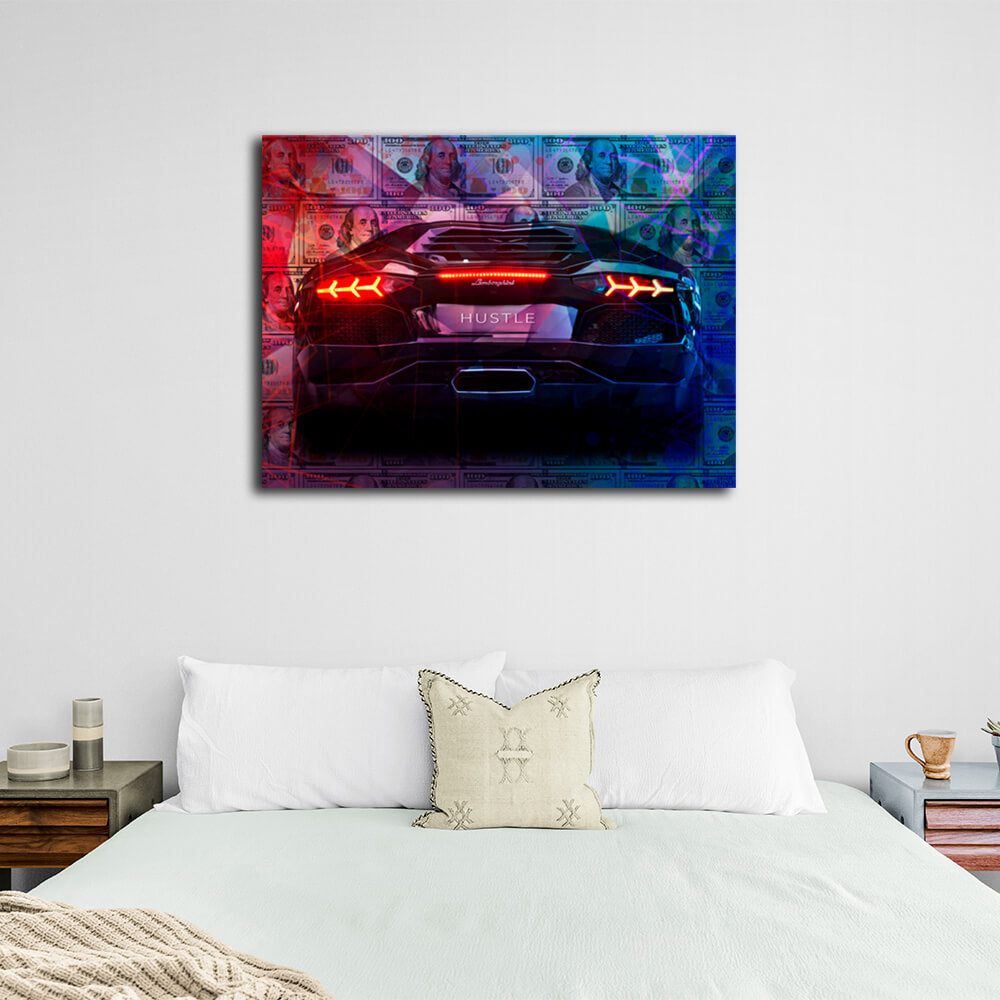 Zur Motivation Dollars and Lamborghini Hustle Motivational Canvas Wall Art Print