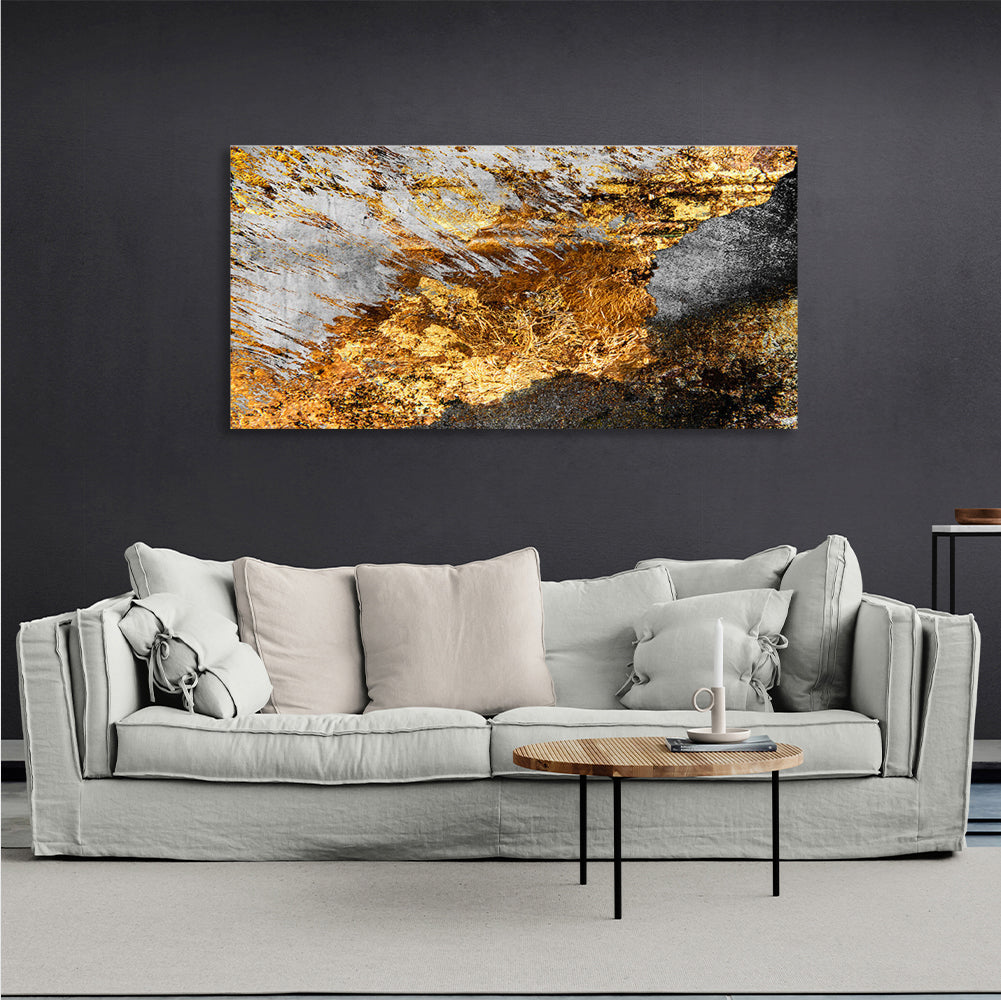 Abstraction grunge with gold black and white horizontal Abstraction Canvas Wall Art Print