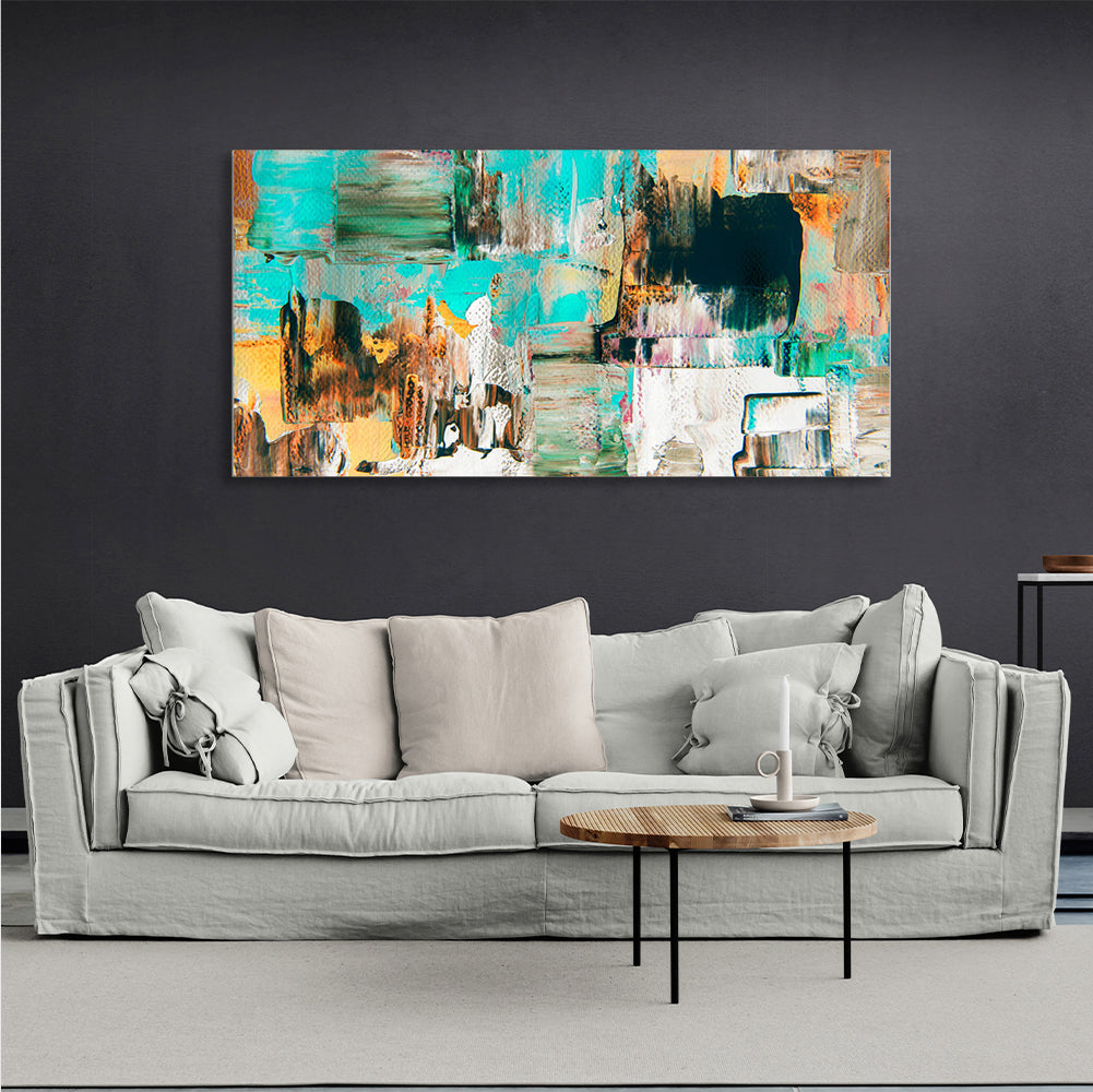 Abstraction horizontal turquoise-ochre paint strokes Abstraction Canvas Wall Art Print