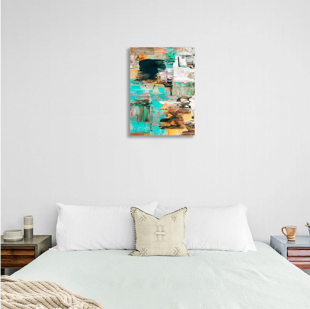 Abstraction vertical turquoise-ochre paint strokes Abstraction Canvas Wall Art Print