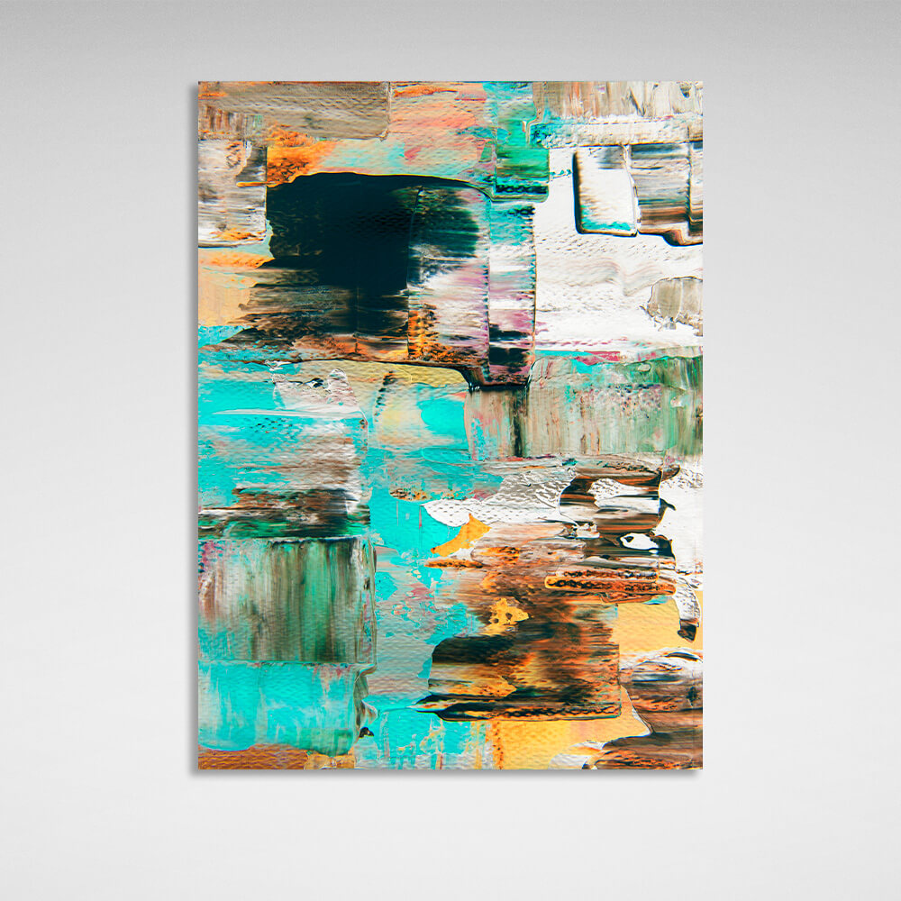 Abstraction vertical turquoise-ochre paint strokes Abstraction Canvas Wall Art Print