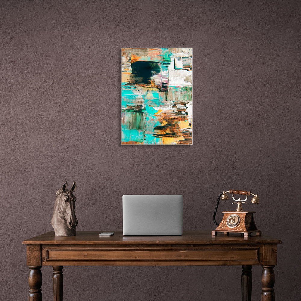 Abstraction vertical turquoise-ochre paint strokes Abstraction Canvas Wall Art Print