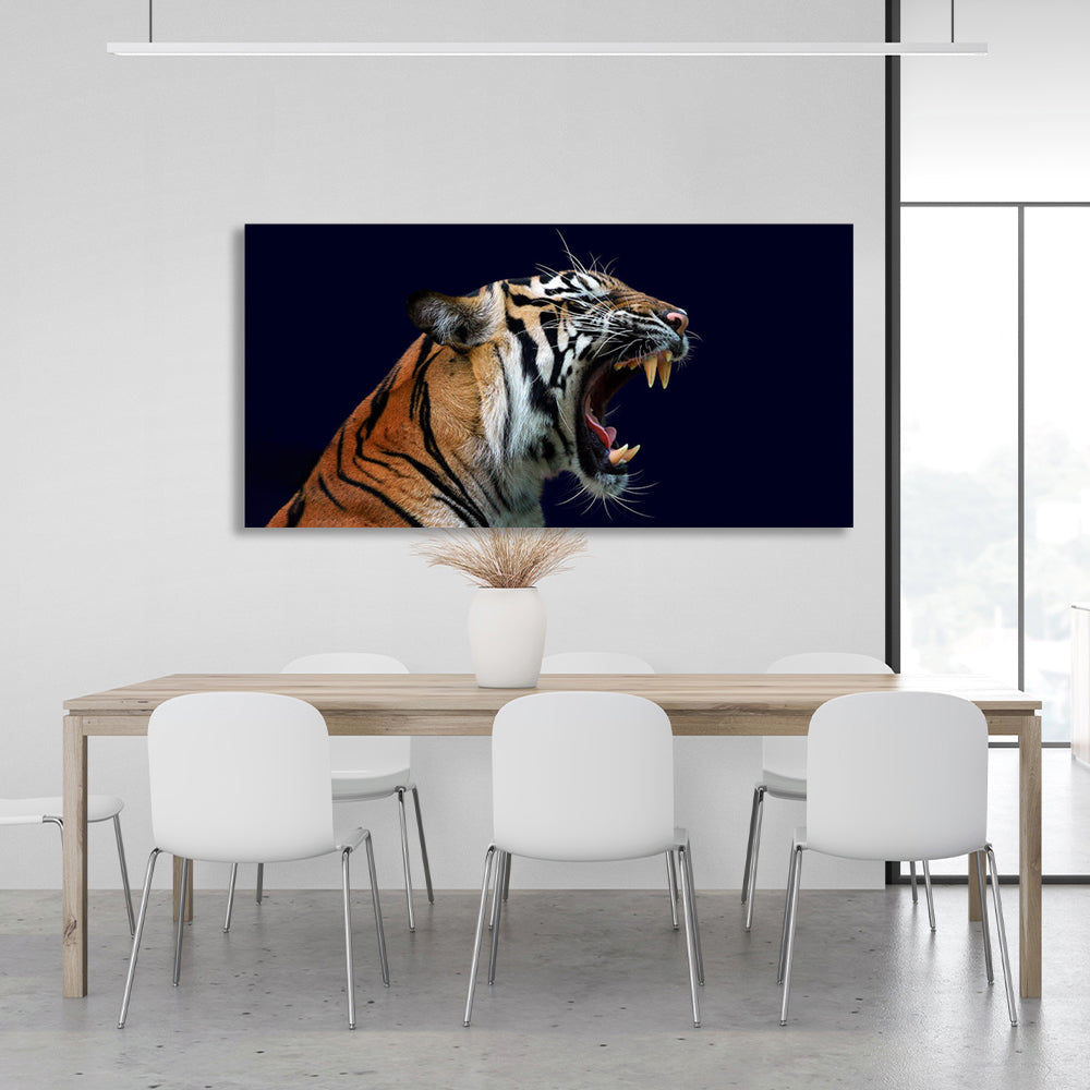 Kunstdruck auf Leinwand, Motiv „Brüllende Tigerin auf dunkelblauem Hintergrund“