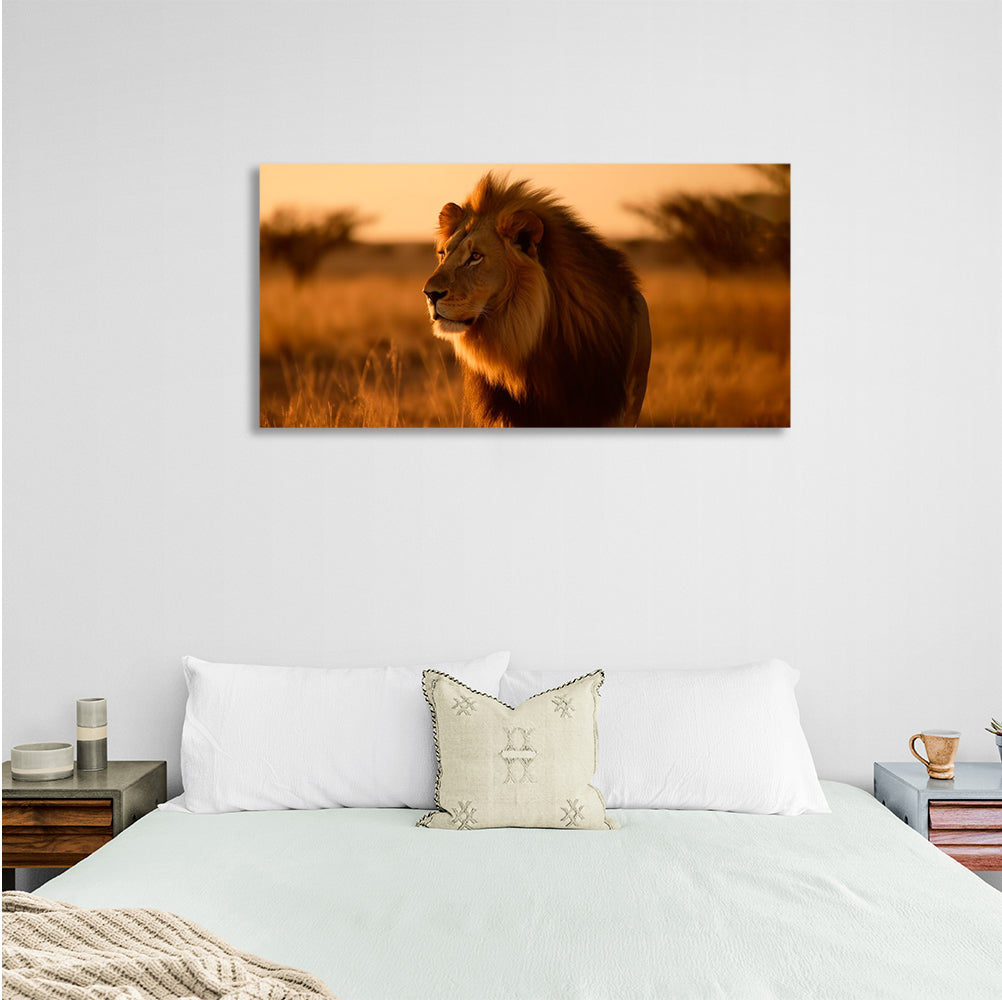 A lion in the savannah Canvas Wall Art Print