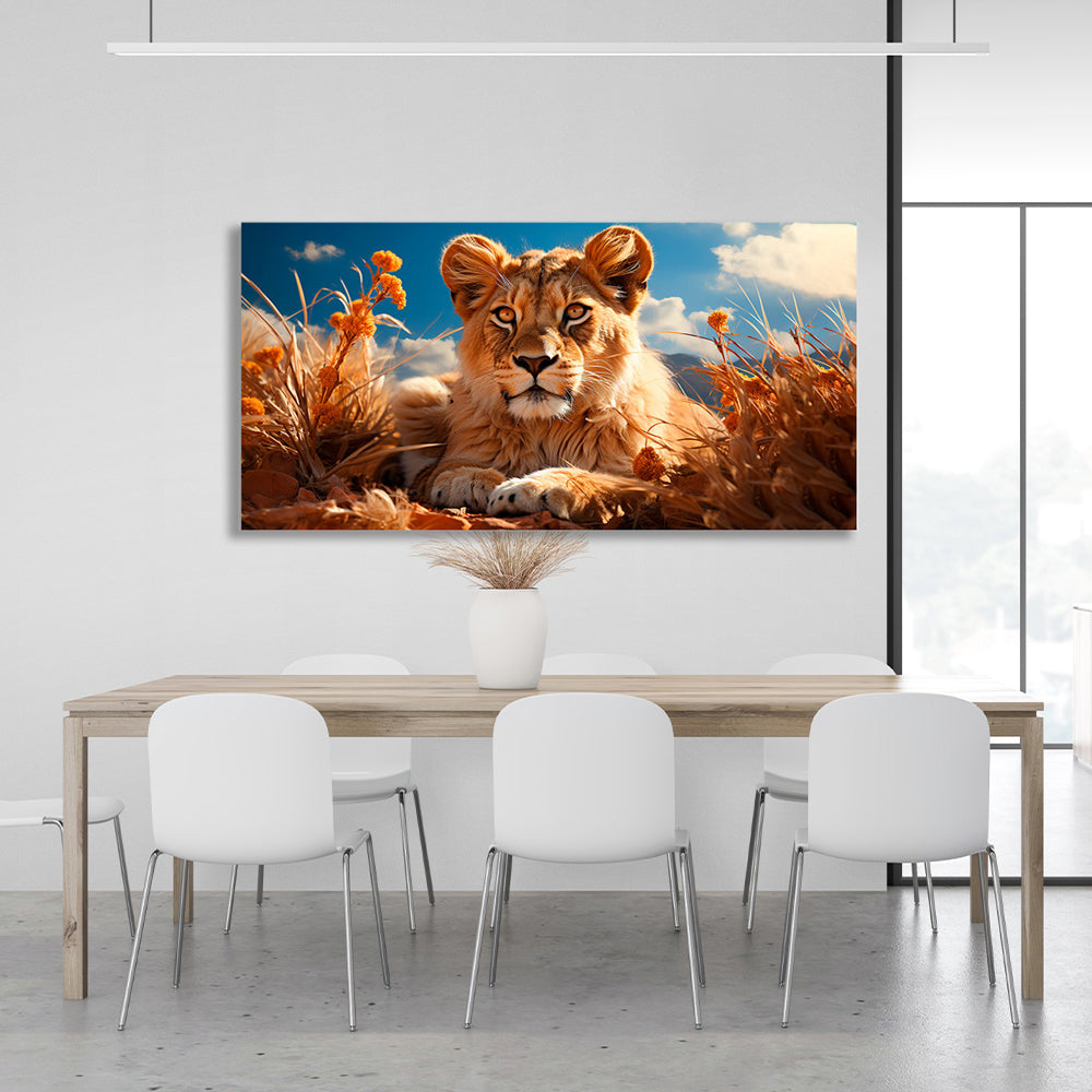 A young lion in the dry grass Canvas Wall Art Print