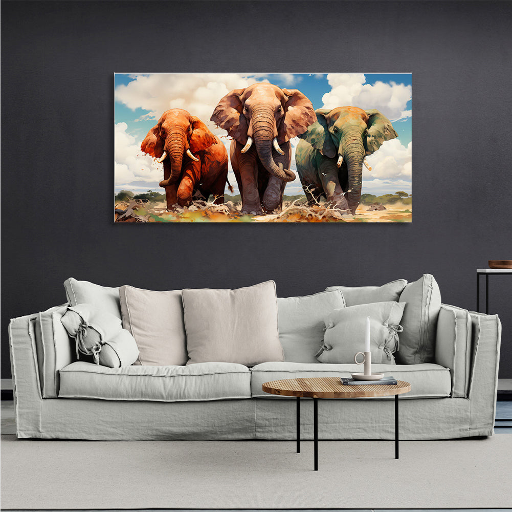 Three elephants on the savannah Canvas Wall Art Print