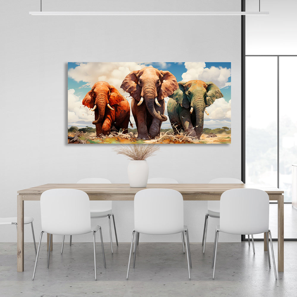 Three elephants on the savannah Canvas Wall Art Print