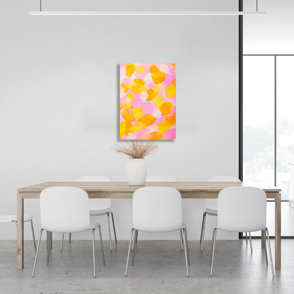 Abstraction yellow and white strokes on a pink background Abstraction Canvas Wall Art Print