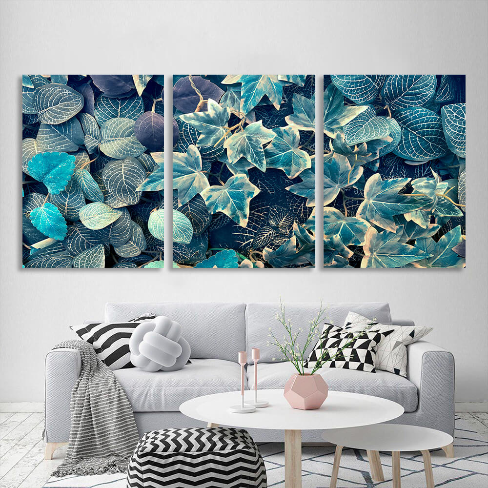 Blue ivy and fittoni leaves Multi Panel Canvas Wall Art Print