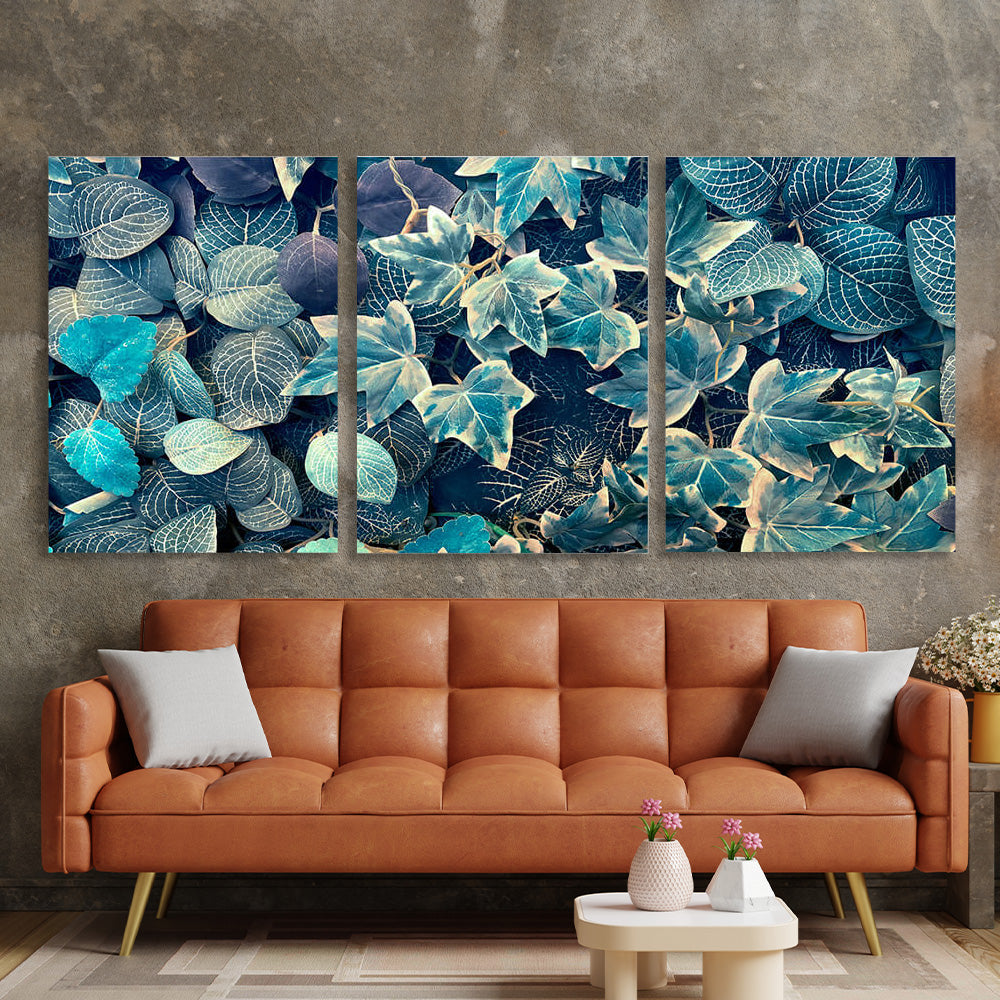 Blue ivy and fittoni leaves Multi Panel Canvas Wall Art Print