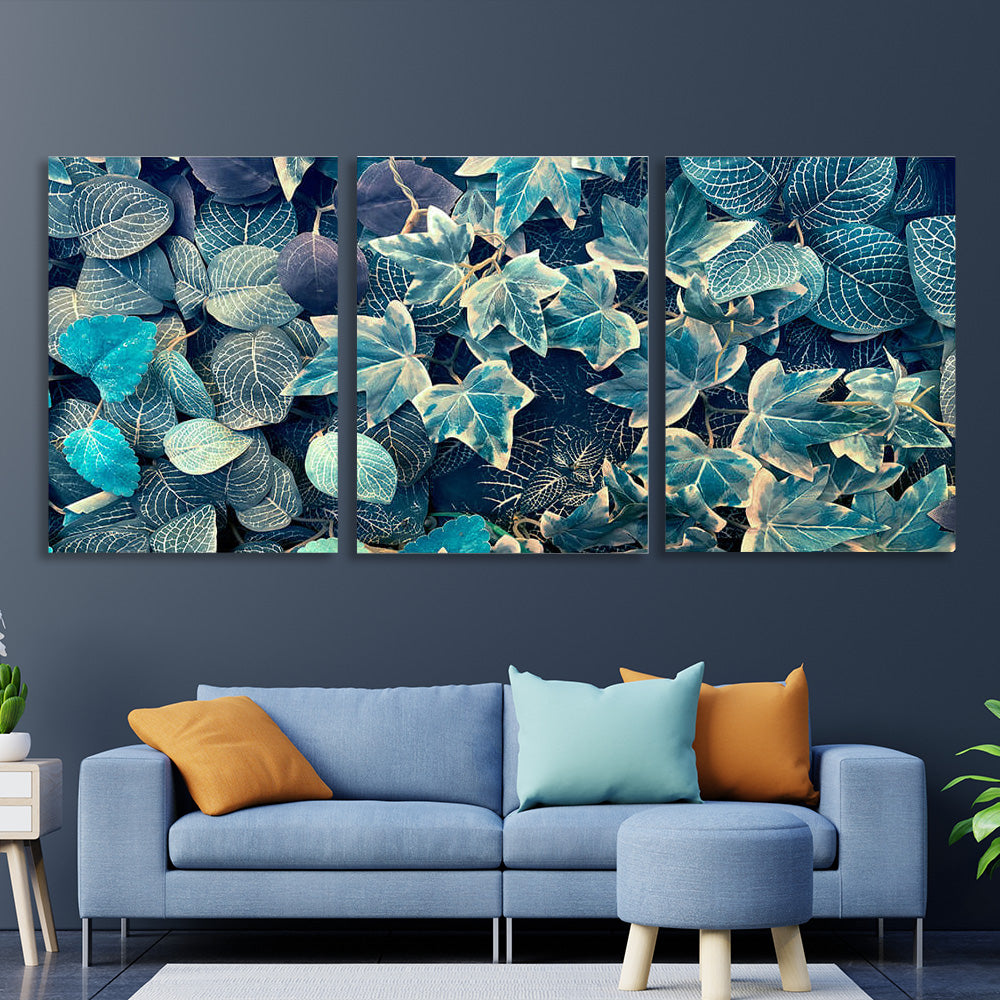 Blue ivy and fittoni leaves Multi Panel Canvas Wall Art Print