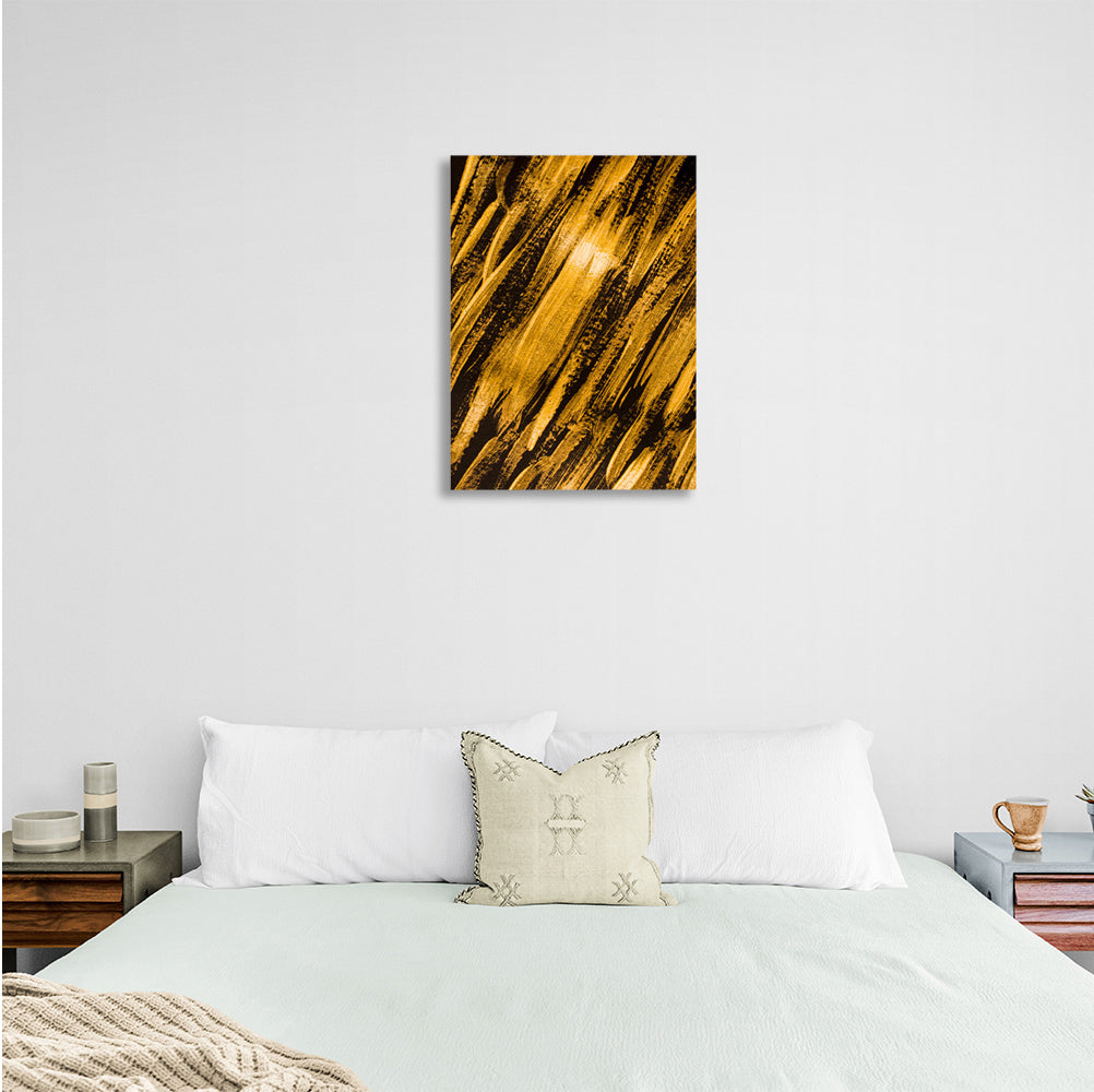 Abstract strokes of gold paint on a dark brown background Abstraction Canvas Wall Art Print