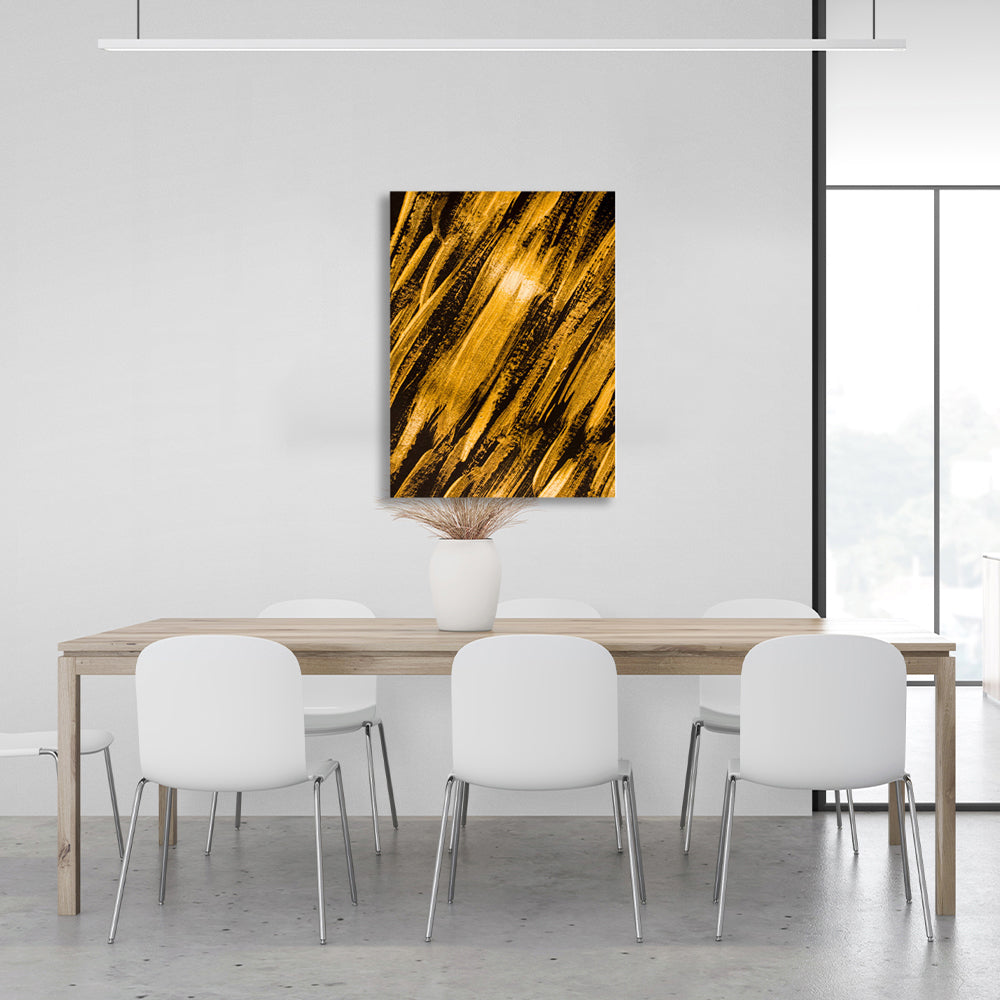 Abstract strokes of gold paint on a dark brown background Abstraction Canvas Wall Art Print